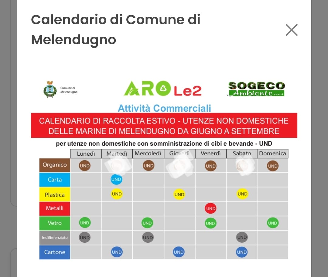 Calendario di raccolta estivo - utenze non domestiche delle Marine di Melendugno da giugno a settembre