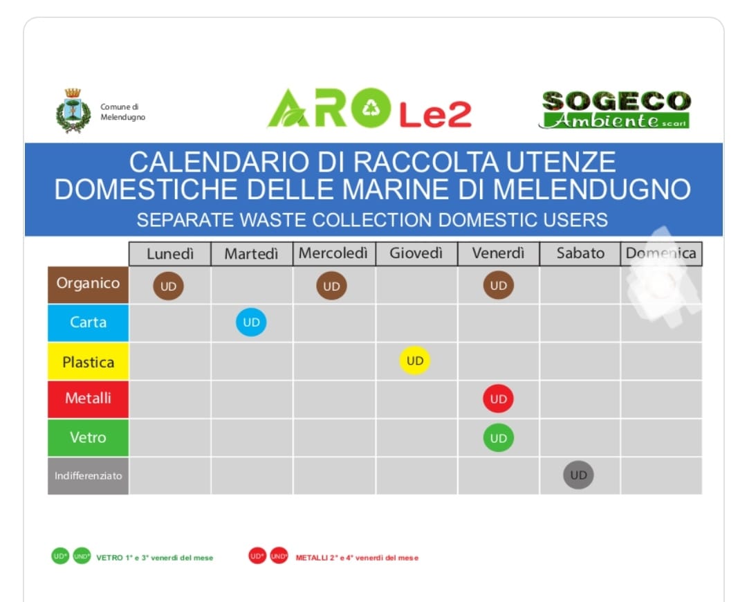 Calendario di raccolta utenze domestiche delle Marine di Melendugno